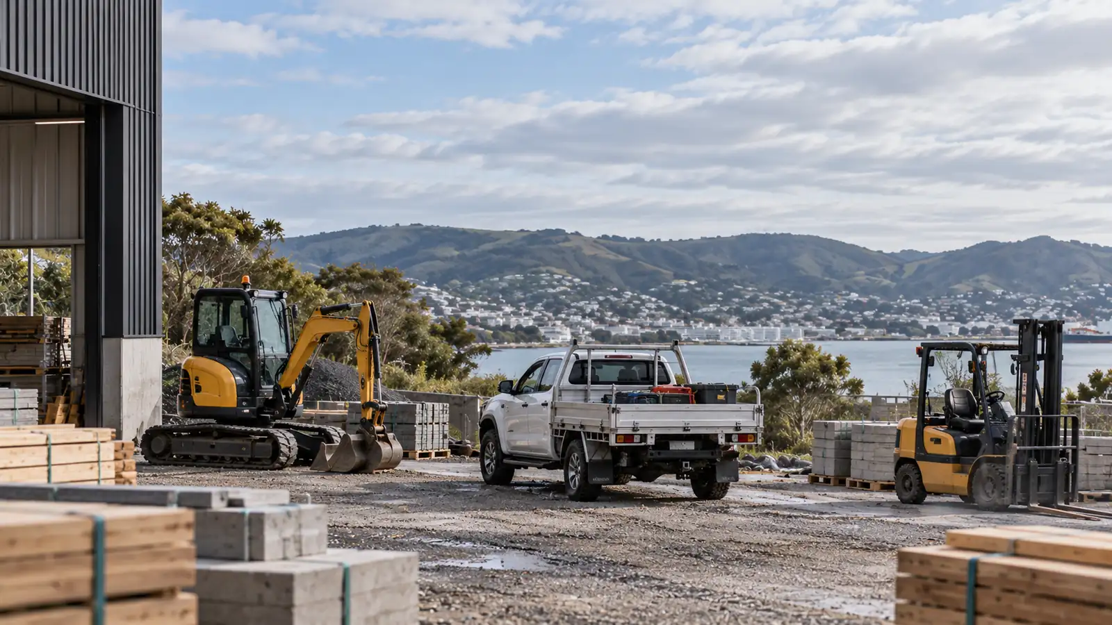 Excavator, flatbed ute and forklift on a commercial yard by the harbour