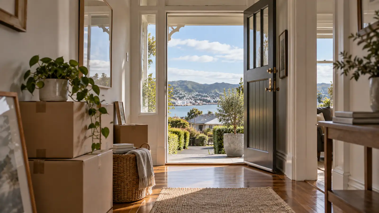 Moving boxes in a villa hallway with the front door open to a view of Wellington Harbour