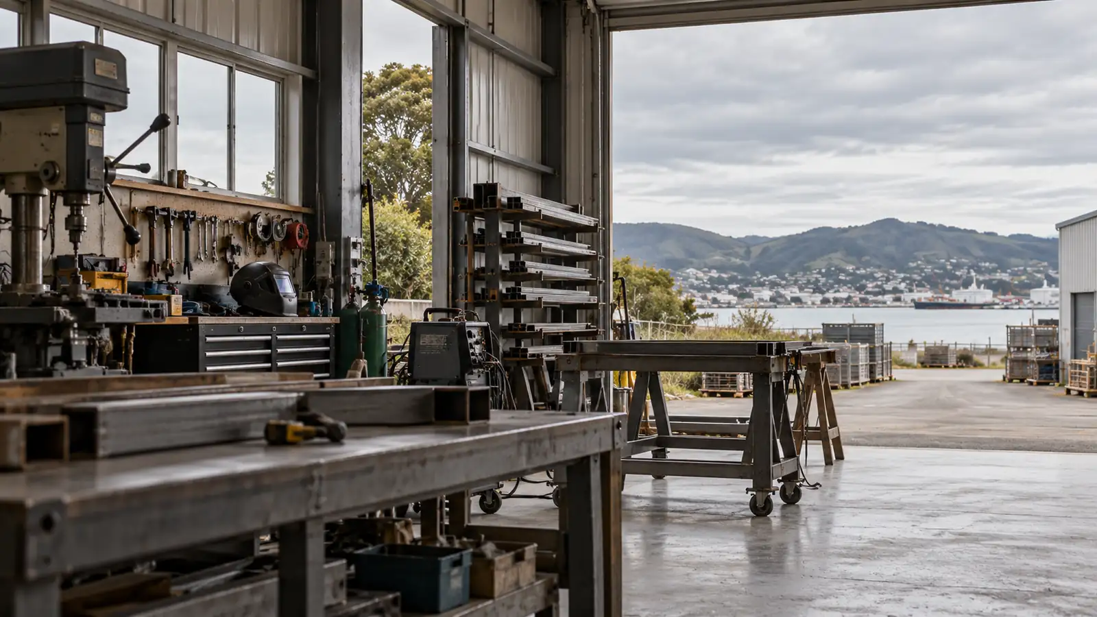 Engineering workshop with an open roller door facing the harbour