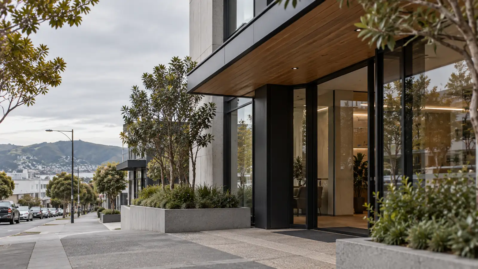 Entrance to a modern commercial building on a Wellington street
