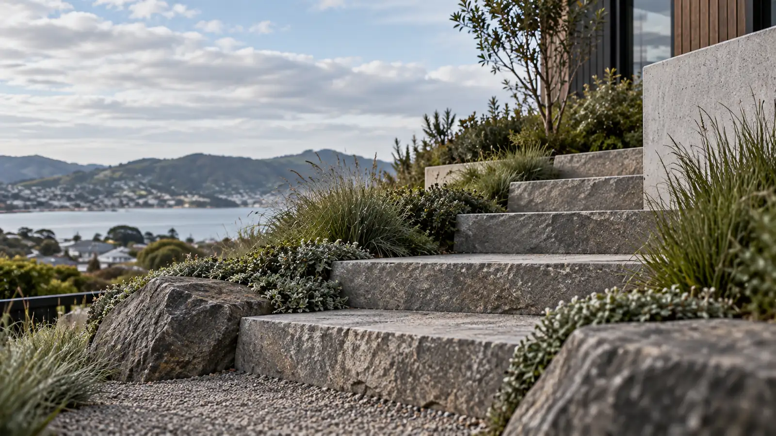 Stone steps leading up through native planting above Wellington Harbour