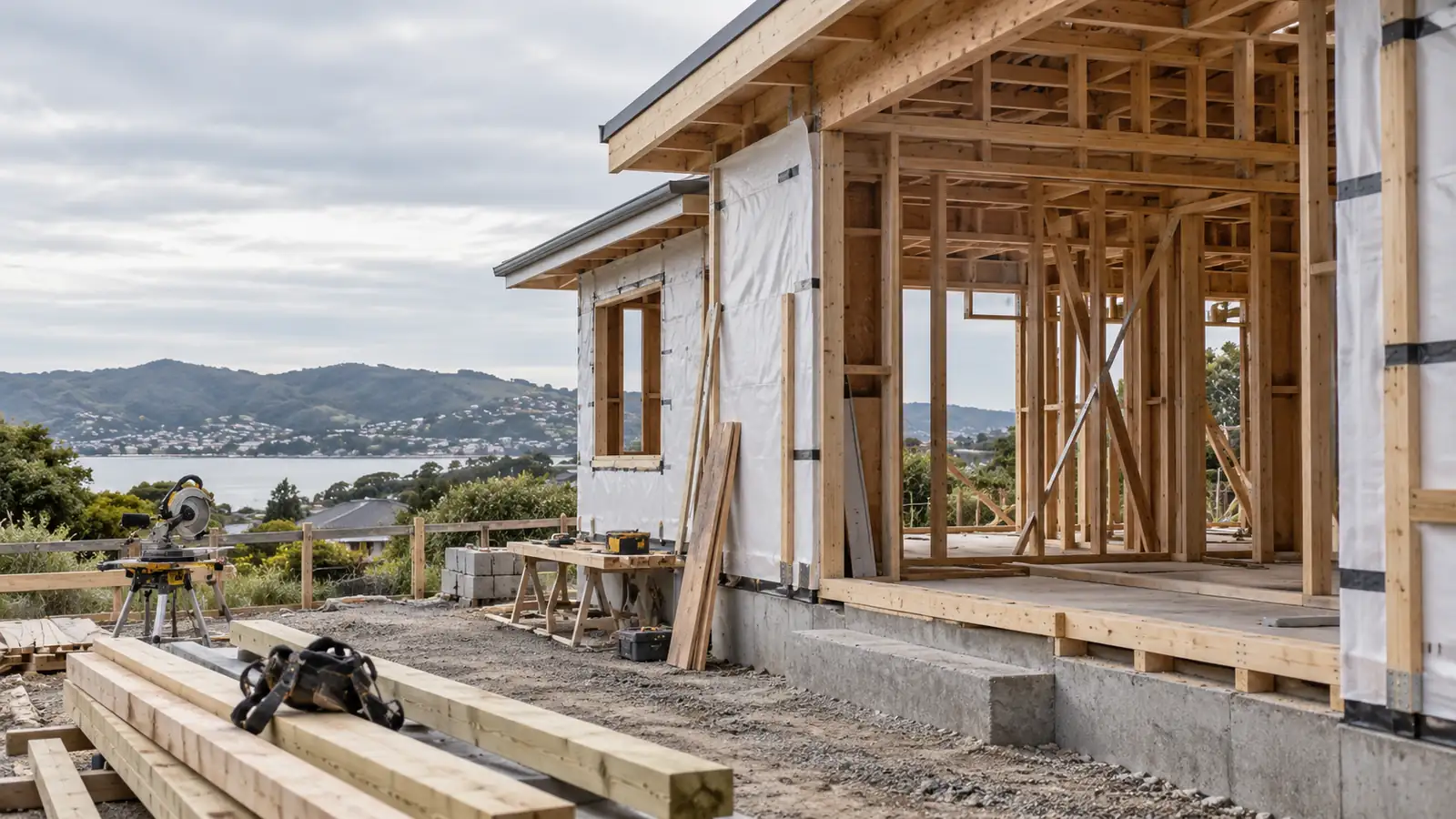 Timber-framed new home under construction overlooking Wellington Harbour