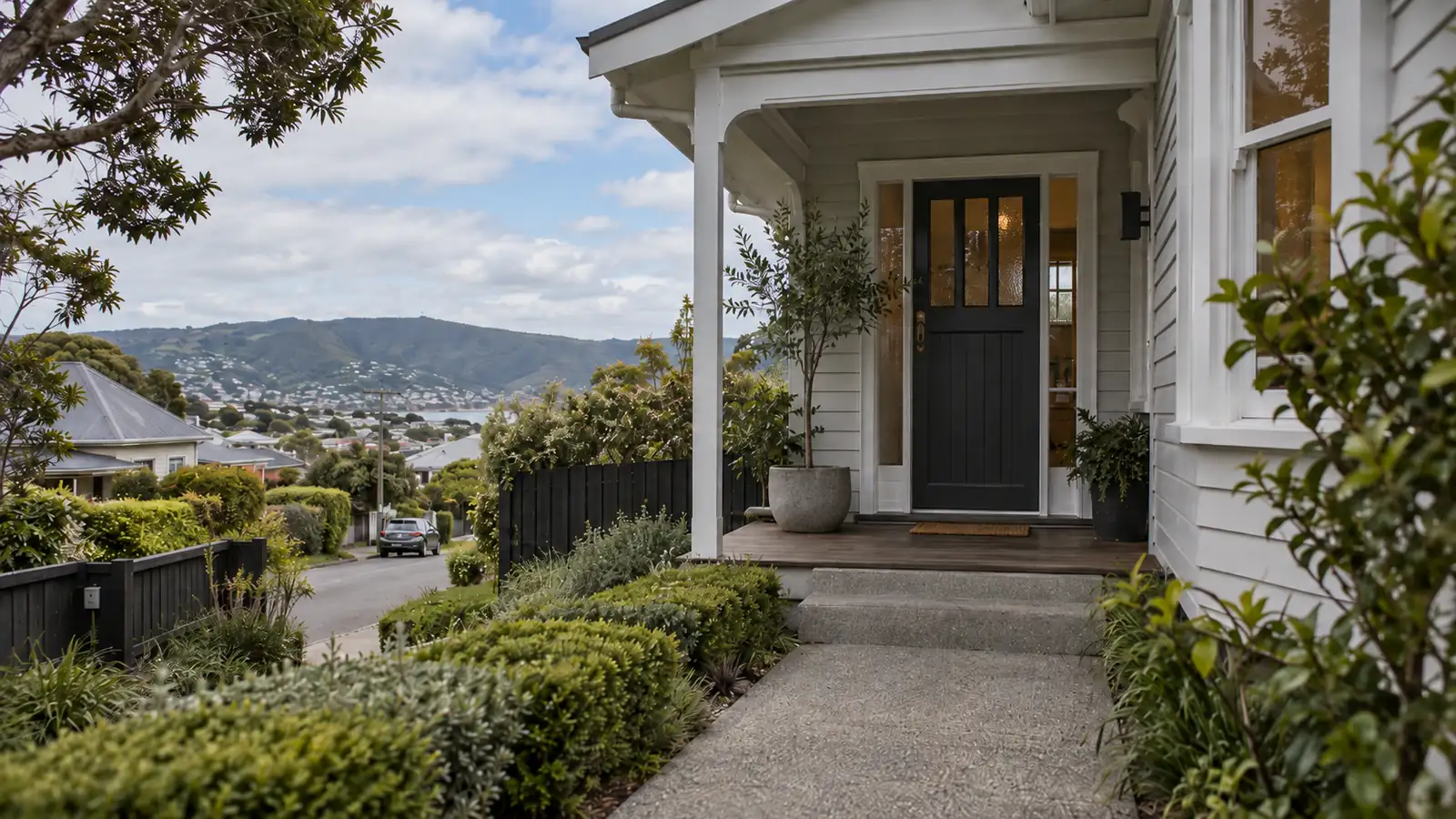Front porch of a white weatherboard villa with a view over Wellington Harbour