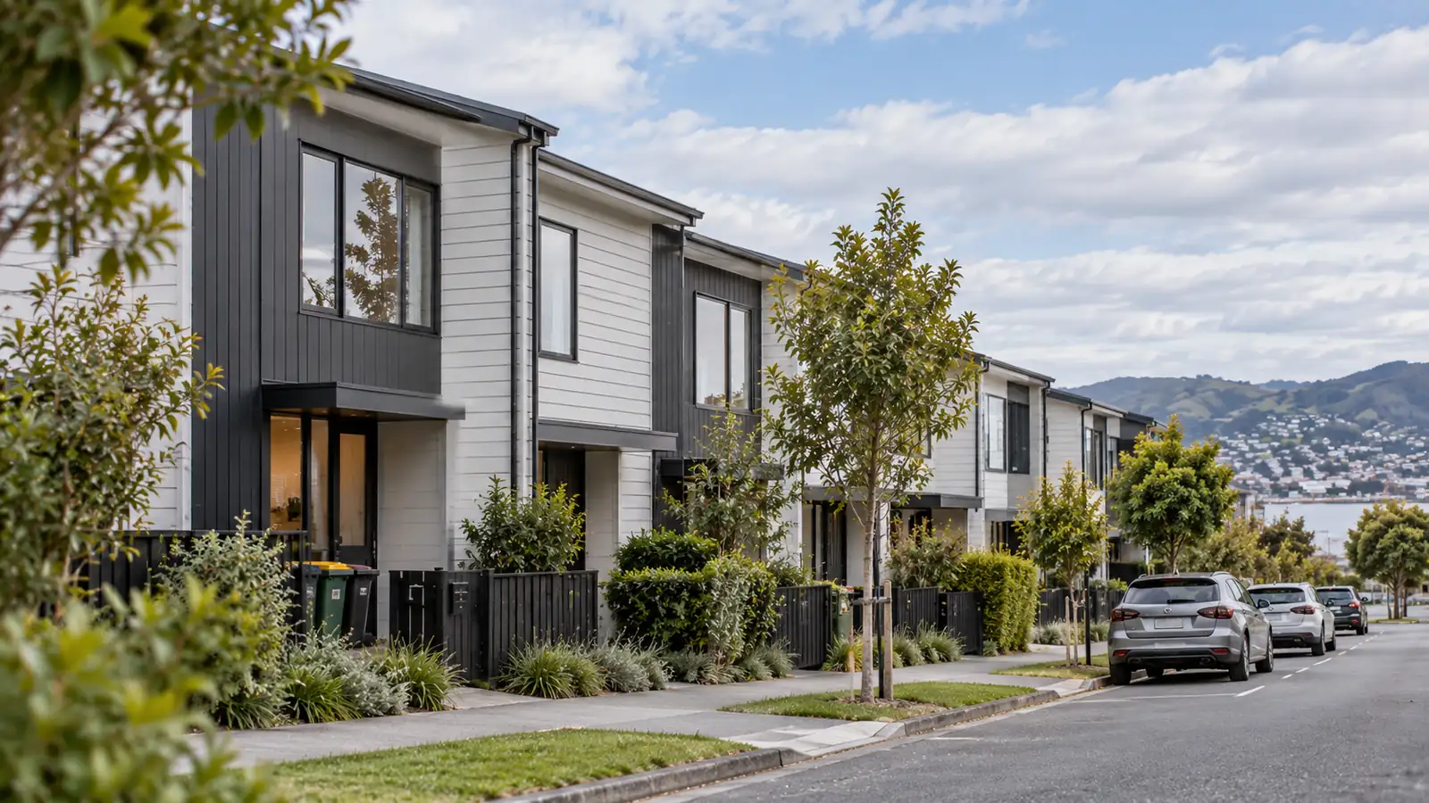 Row of modern townhouses on a Wellington street