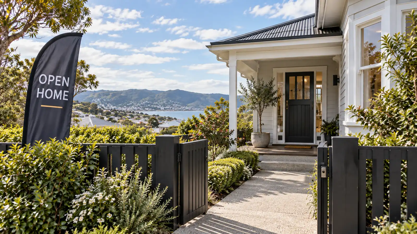 Open home flag outside a white villa with a view over Wellington Harbour