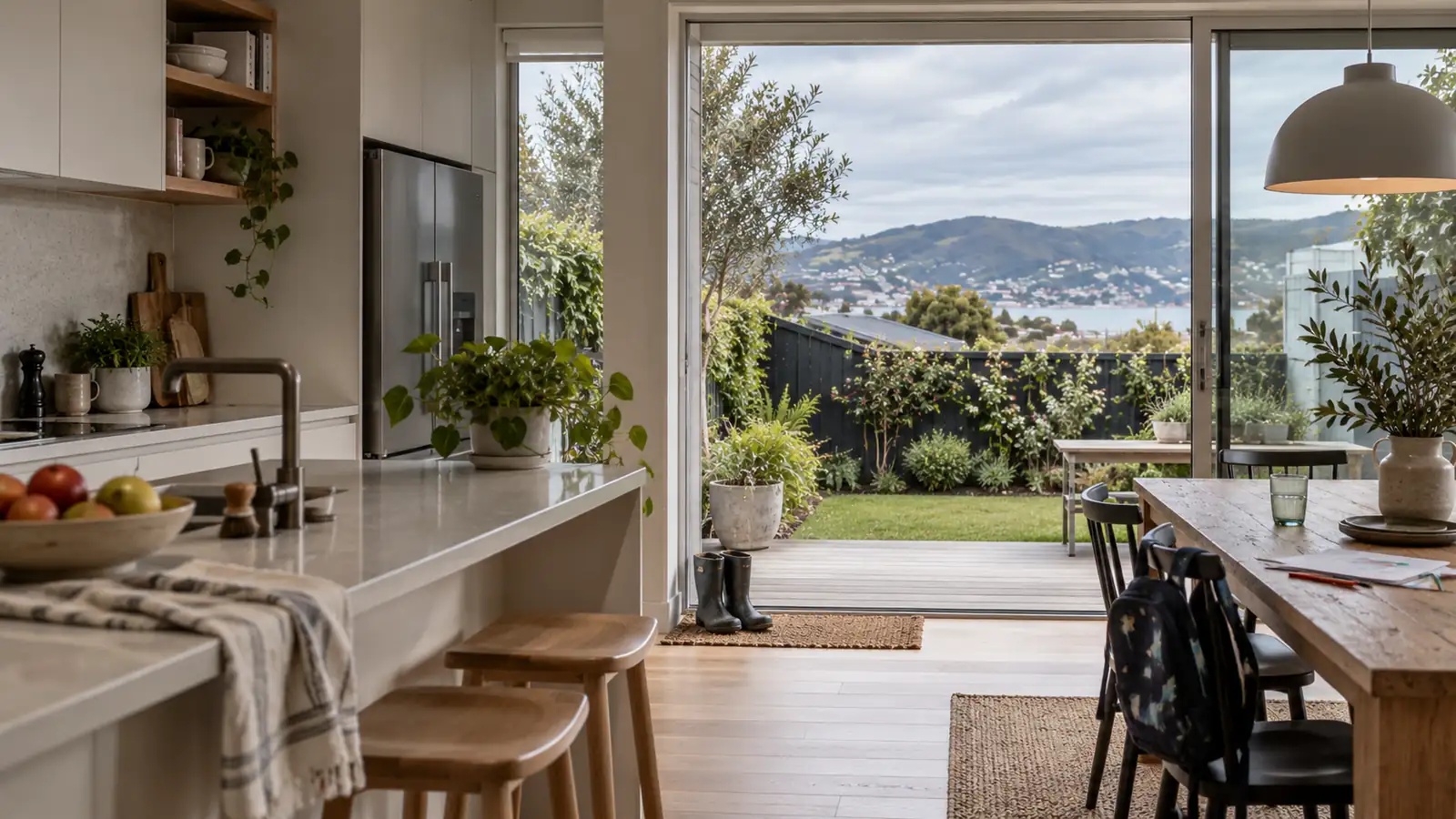 Family kitchen opening onto a garden with a view of Wellington Harbour