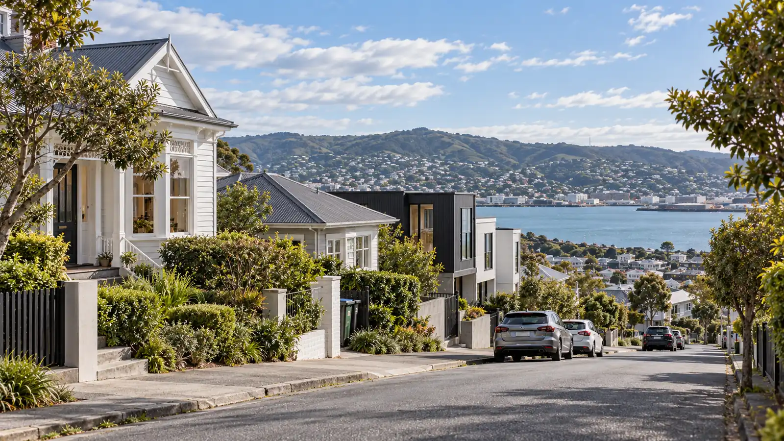 Wellington street of villas and modern homes sloping down towards the harbour
