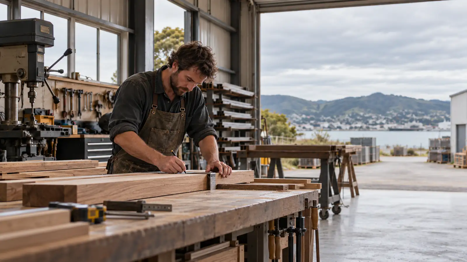 Self-employed woodworker measuring timber in his workshop